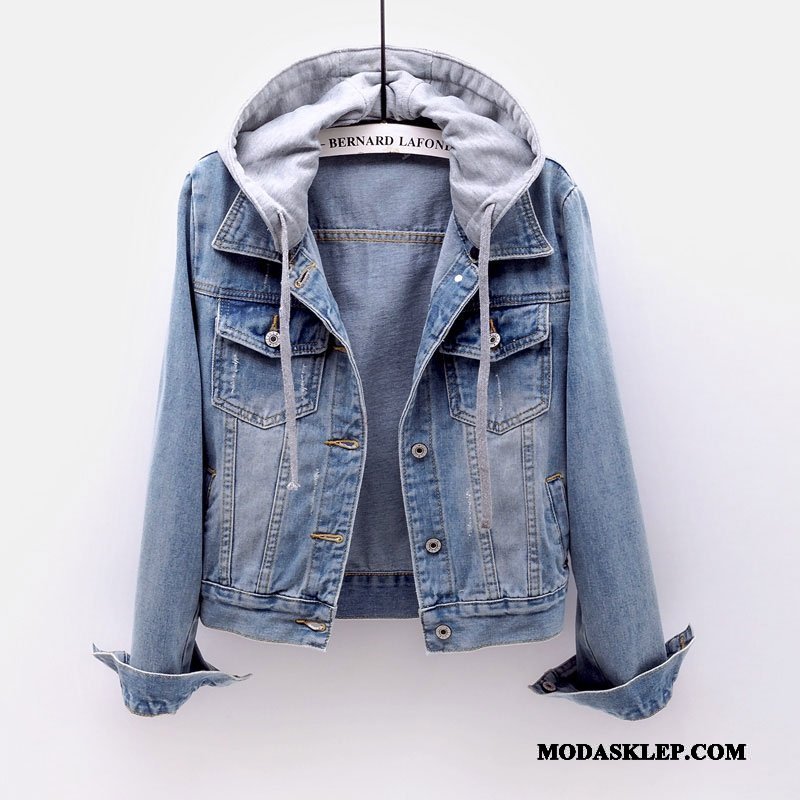 Damskie Kurtki Kup Student Slim Fit Denim 2019 Długi Rękaw Niebieski Jasny