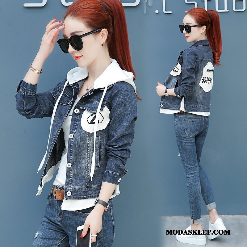 Damskie Kurtki Sklep Bluzy Z Kapturem Dwa Kawałki Denim Krótkie Tendencja Biały