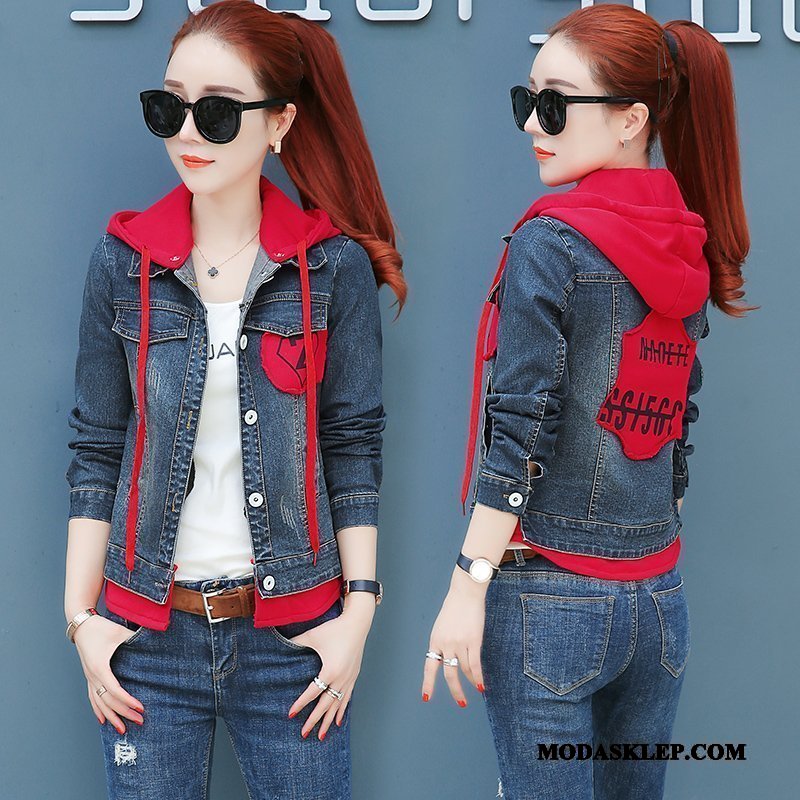 Damskie Kurtki Sklep Bluzy Z Kapturem Dwa Kawałki Denim Krótkie Tendencja Biały