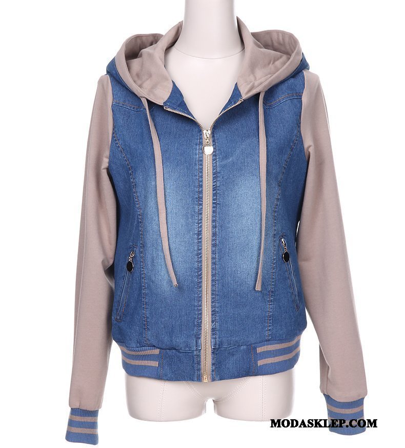 Damskie Kurtki Sprzedam Jesień Krótkie Wiosna Denim Z Kapturem Khaki Ciemno