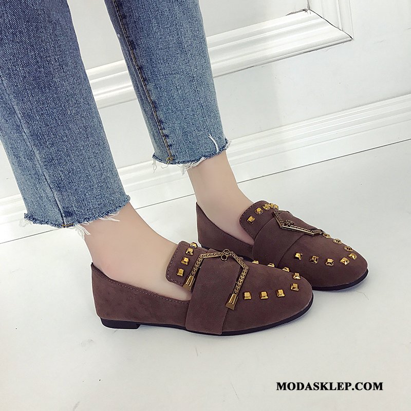Damskie Mokasyny Sklep Klamra Skóra Brytyjski Płaskie Buty 2019 Khaki