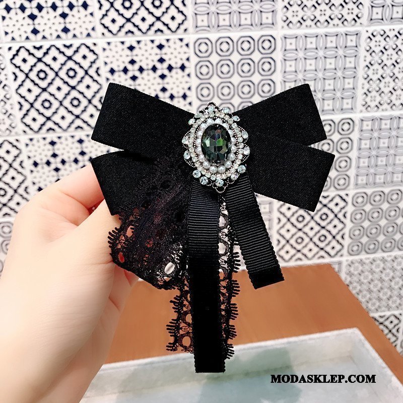 Damskie Muszka Tanie Rhinestone Koronka Vintage Kołnierz Kwiatowy Broszka Czarny