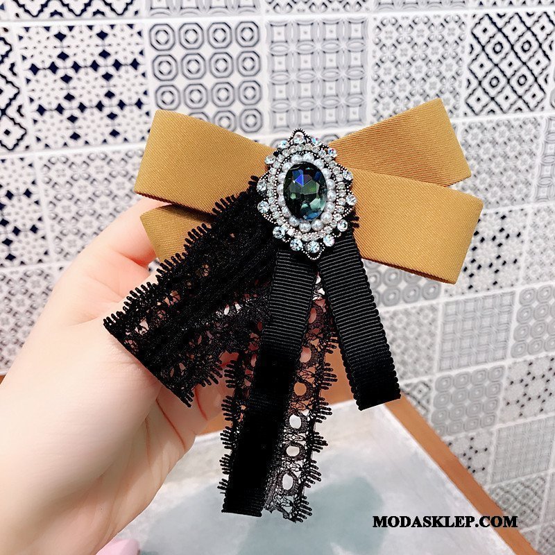 Damskie Muszka Tanie Rhinestone Koronka Vintage Kołnierz Kwiatowy Broszka Czarny