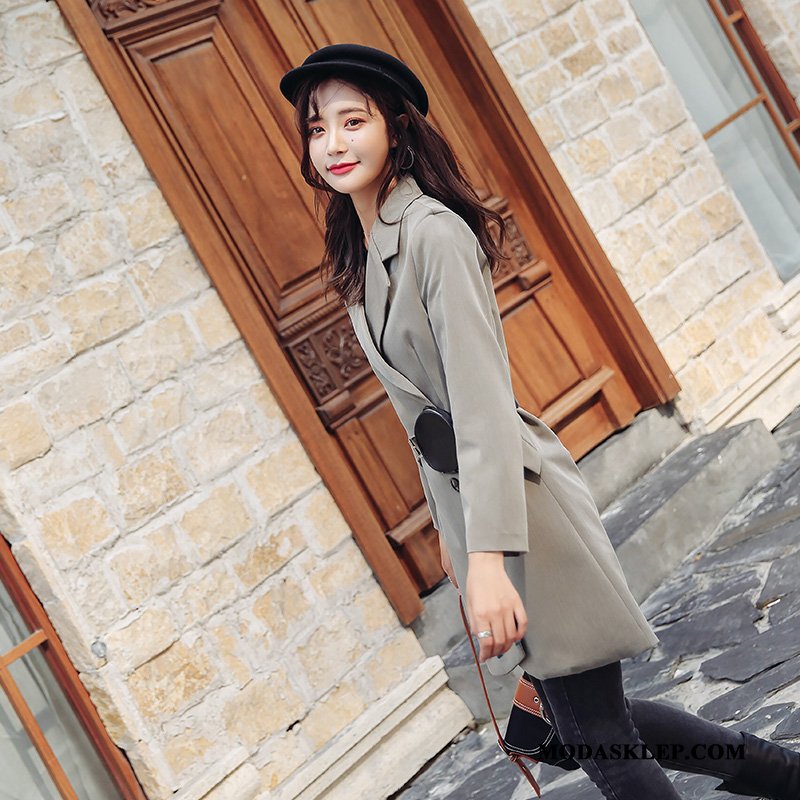 Damskie Prochowiec Online Ciasno W Talii Eleganckie Moda Cienkie Klapa Czarny