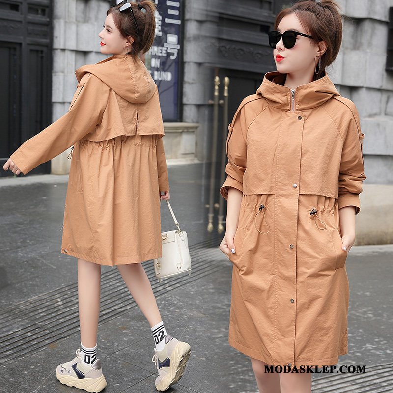 Damskie Prochowiec Tanie Moda 2019 Jesień Długie Casual Khaki Czysta