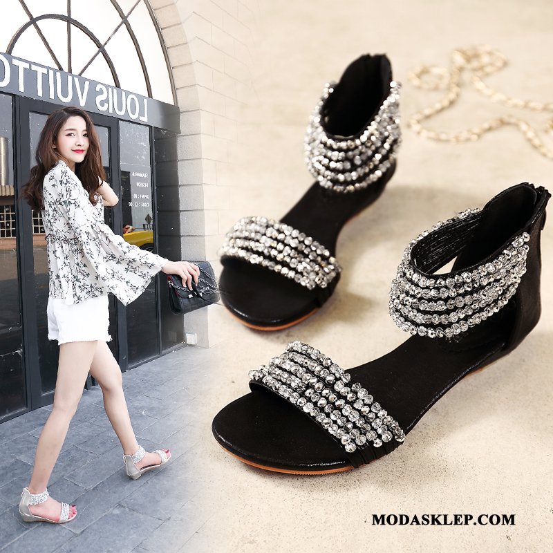 Damskie Sandały Online Damska Lato Rhinestone Zamek Wedge Beżowy Srebrny