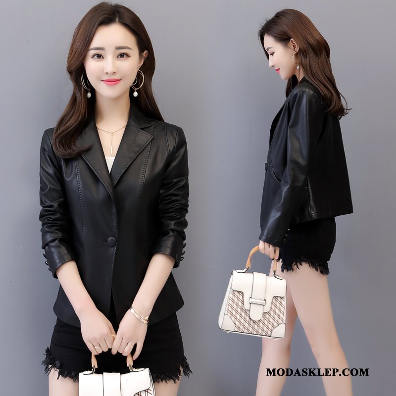 Damskie Skórzana Kurtka Tanie Casual Blezer Moda Eleganckie Płaszcz Czarny