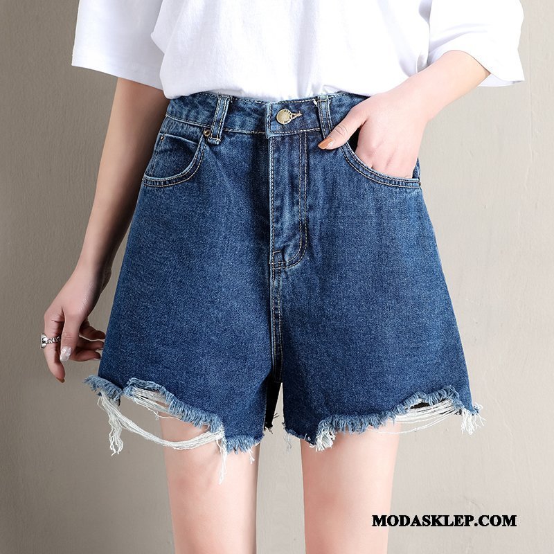 Damskie Spodenki Sklep Damska Cienkie Szerokie Z Dziurami Denim Jasny Niebieski