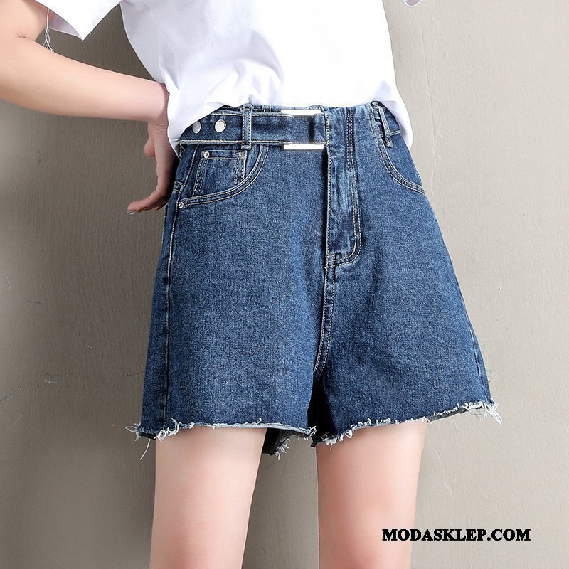 Damskie Spodenki Sklep Damska Cienkie Szerokie Z Dziurami Denim Jasny Niebieski
