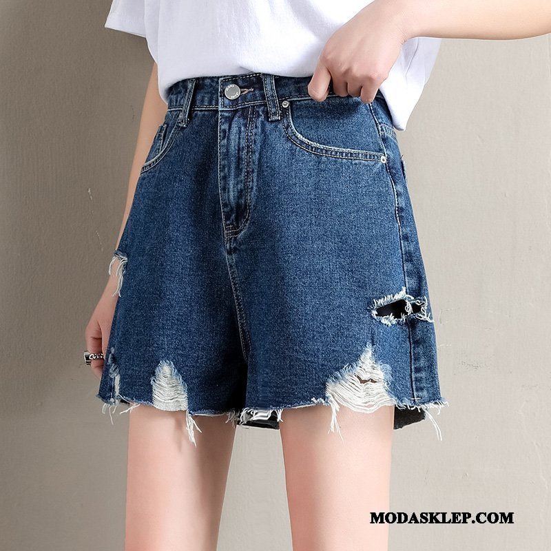 Damskie Spodenki Sklep Damska Cienkie Szerokie Z Dziurami Denim Jasny Niebieski