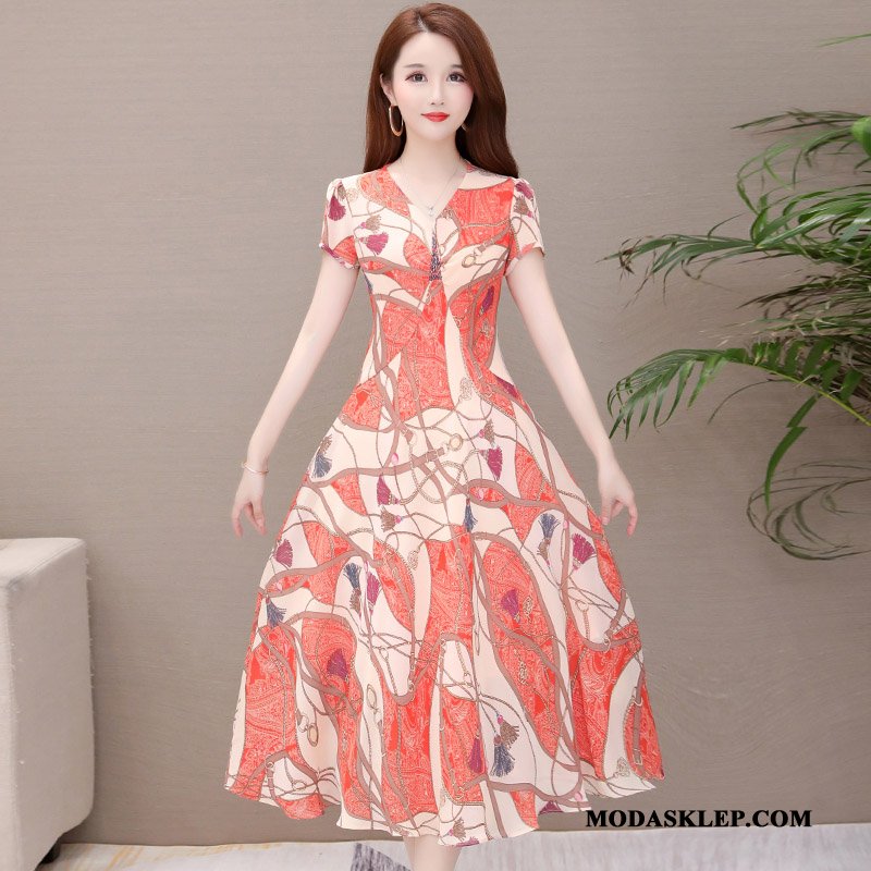 Damskie Sukienka Tanie Długie Lato Eleganckie 2019 Moda Oranż Czerwony
