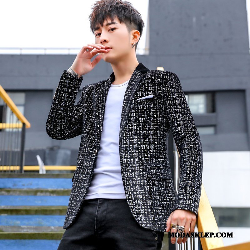 Męskie Blazer Dyskont Garnitur Tendencja Kwiaty Blezer Slim Fit Czarny