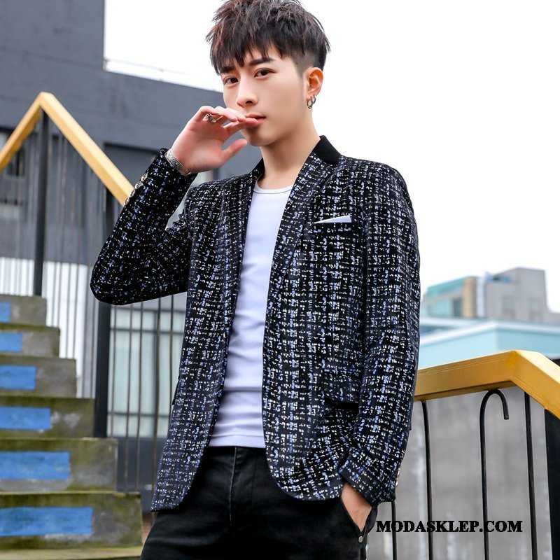 Męskie Blazer Dyskont Garnitur Tendencja Kwiaty Blezer Slim Fit Czarny