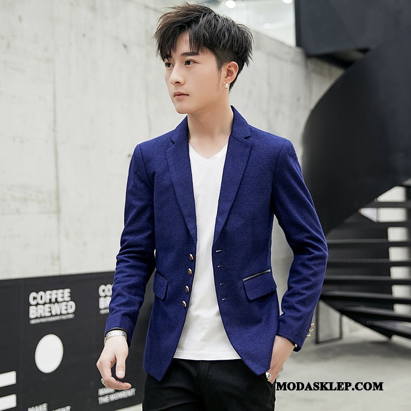 Męskie Blazer Sklep Nowy Slim Fit Casual Tendencja Płaszcz Niebieski