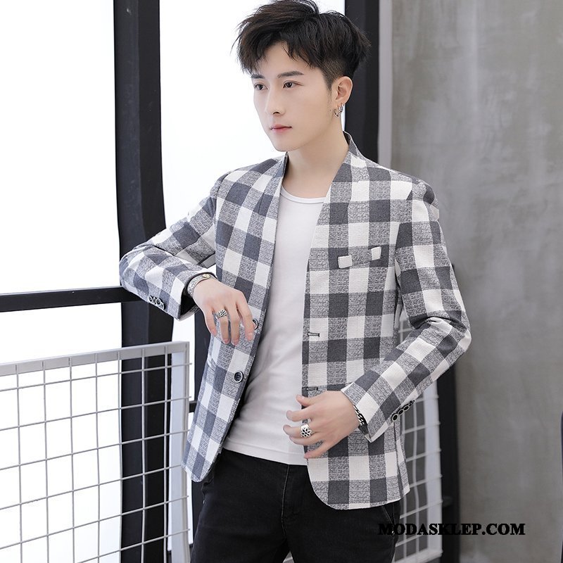 Męskie Blazer Sprzedam Krata Blezer Garnitur Slim Fit Młodzież Niebieski