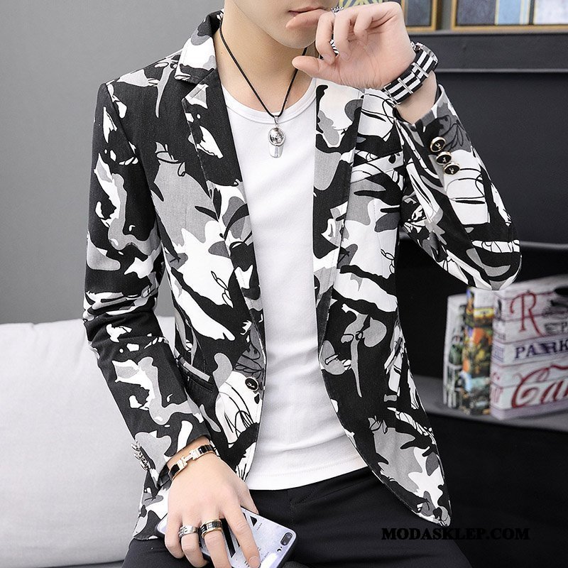 Męskie Blazer Tanie Brytyjskie Slim Fit Męska Osobowość Kwiaty Żółty