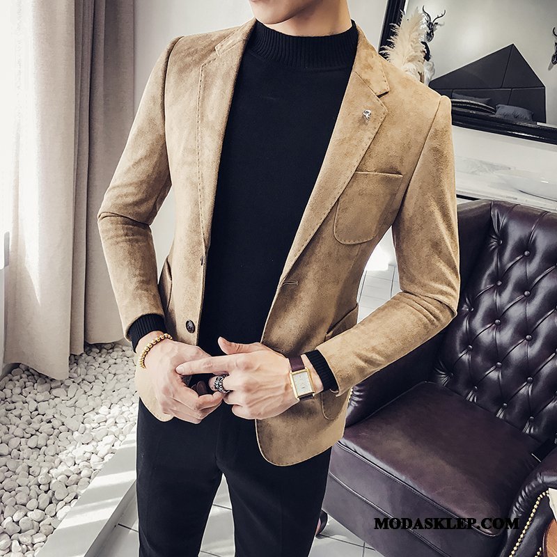 Męskie Blazer Tanie Młodzież Casual Kaszmir Wiosna Jesień Khaki