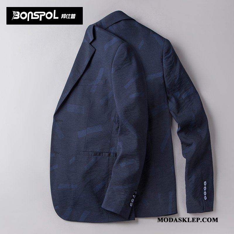 Męskie Blezer Tanie Slim Fit Płaszcz Męska Casual 2019 Ciemno Niebieski