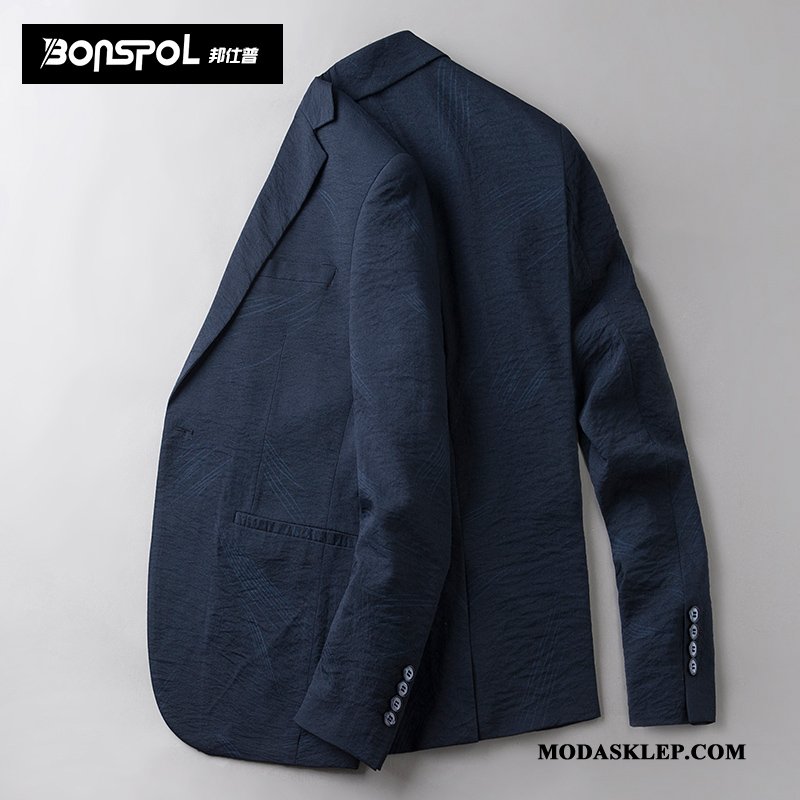 Męskie Blezer Tanie Slim Fit Płaszcz Męska Casual 2019 Ciemno Niebieski