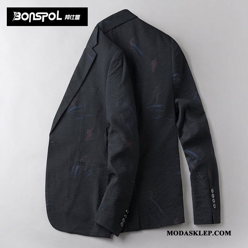 Męskie Blezer Tanie Slim Fit Płaszcz Męska Casual 2019 Ciemno Niebieski