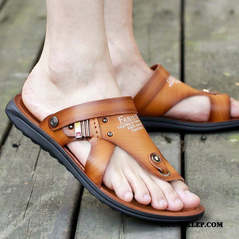 Męskie Japonki Online Buty Lato Sandały Prawdziwa Skóra Wodoodporny Brązowy