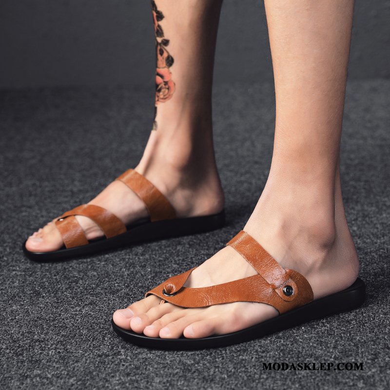 Męskie Japonki Online Prawdziwa Skóra Męska Buty Miękka Podeszwa Plażowe Czarny
