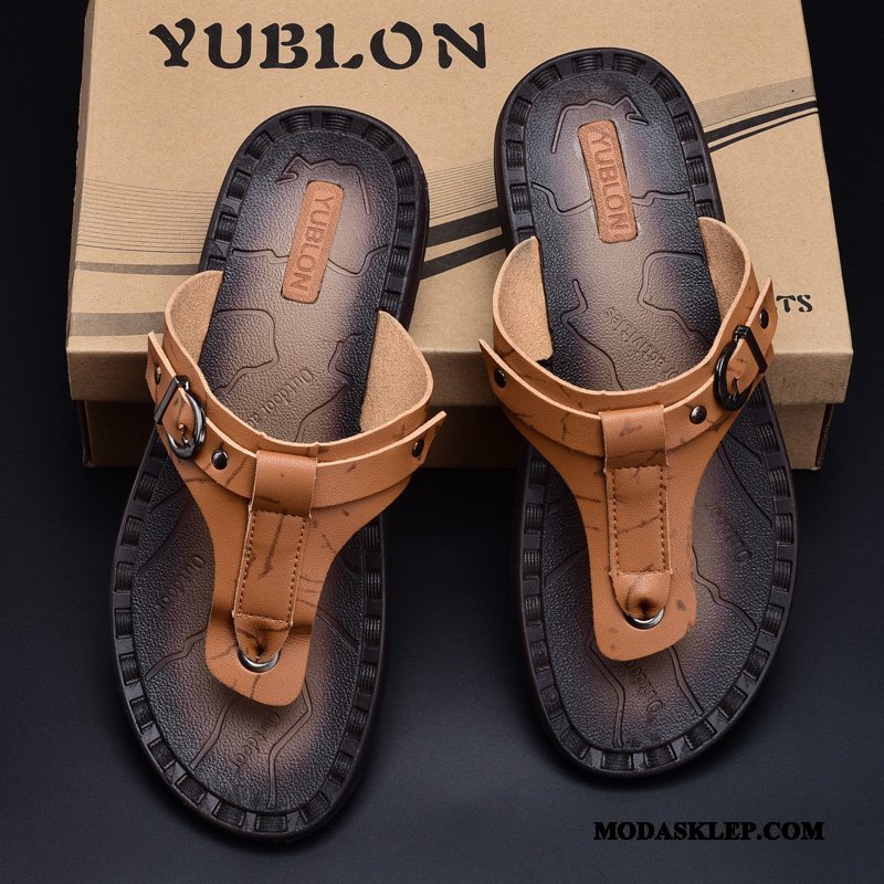 Męskie Japonki Tanie Buty Brytyjski Kapcie Odzież Wierzchnia Skóra Niebieski