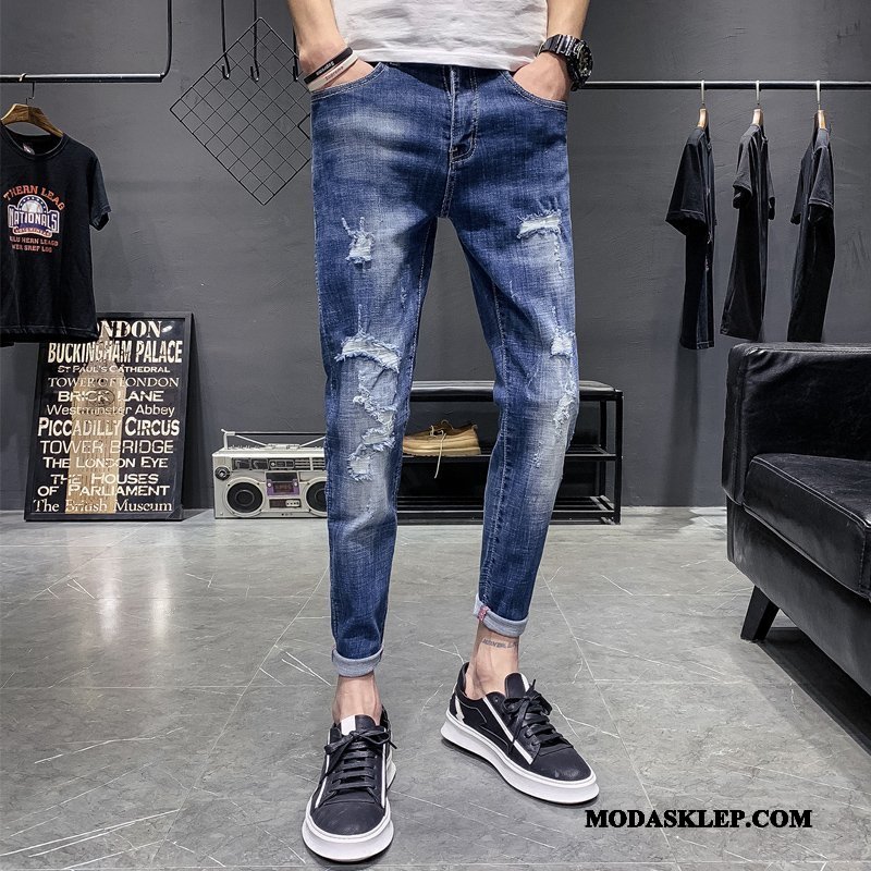 Męskie Jeansy Kupię Dżinsy Spodnie Slim Fit Z Dziurami Mały Niebieski