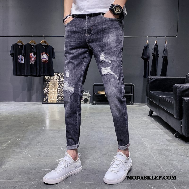 Męskie Jeansy Kupię Dżinsy Spodnie Slim Fit Z Dziurami Mały Niebieski