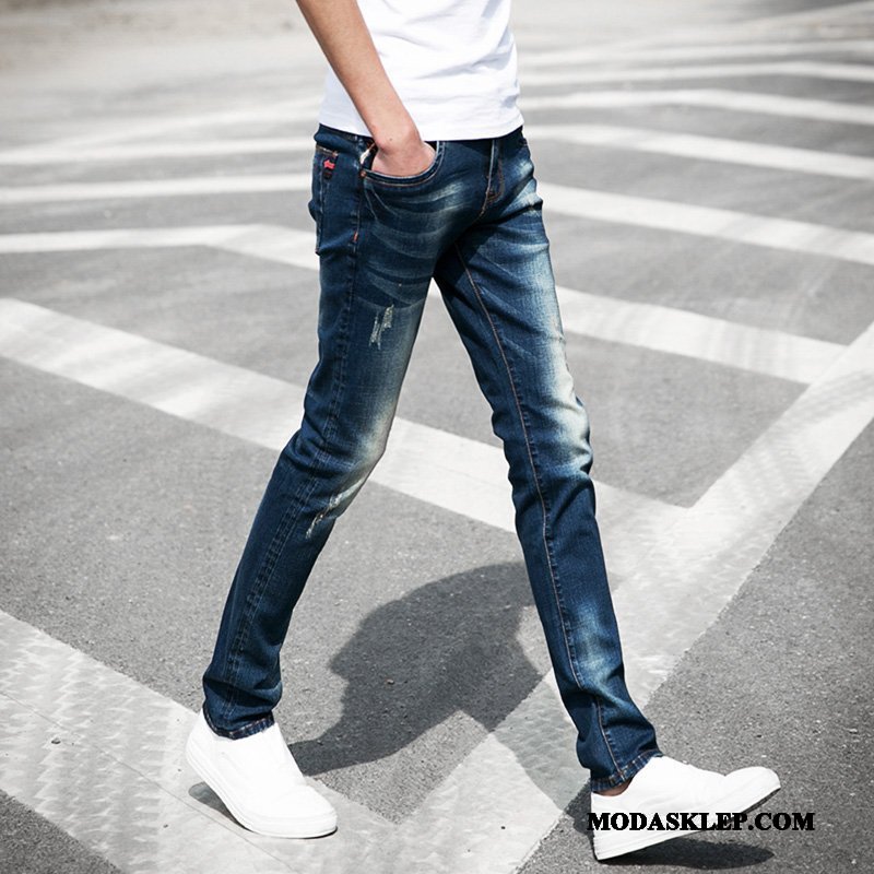 Męskie Jeansy Sprzedam Dżinsy Młodzież Slim Fit Męska Casual Niebieski Ciemno