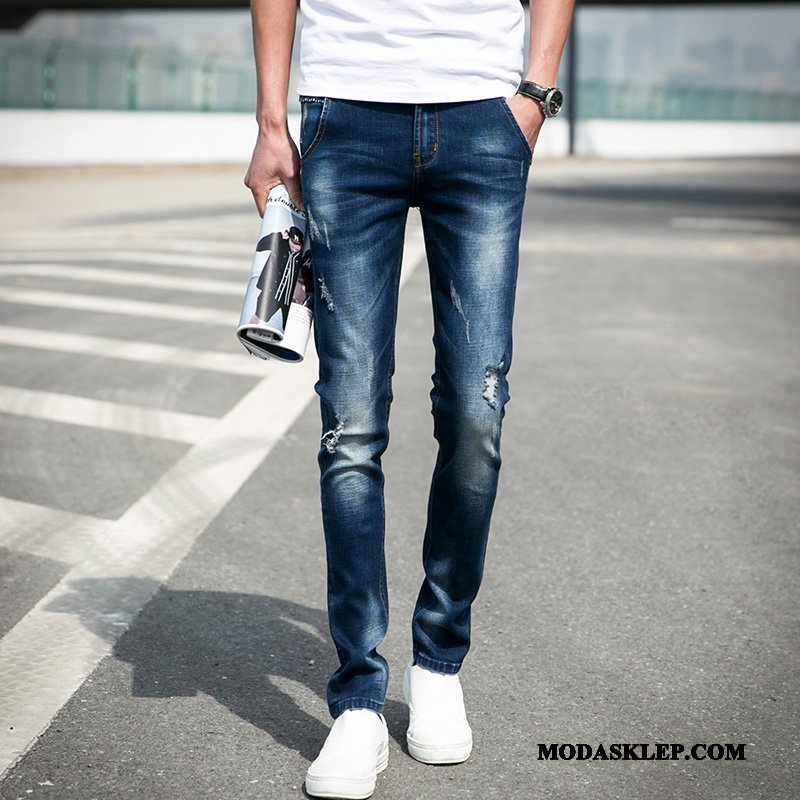 Męskie Jeansy Sprzedam Dżinsy Młodzież Slim Fit Męska Casual Niebieski Ciemno