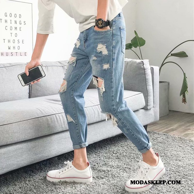 Męskie Jeansy Tanie Nowy Z Dziurami Slim Fit Spodnie Ołówkowe Spodnie Czarny