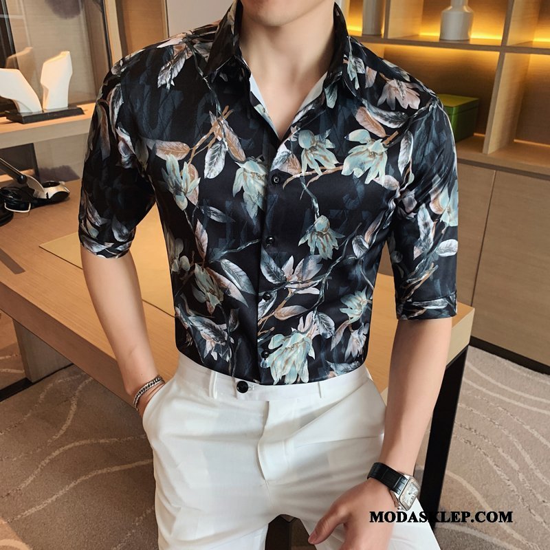 Męskie Koszula Dyskont Casual Rękawy Slim Fit Męska Krótki Rękaw Czarny Czerwony