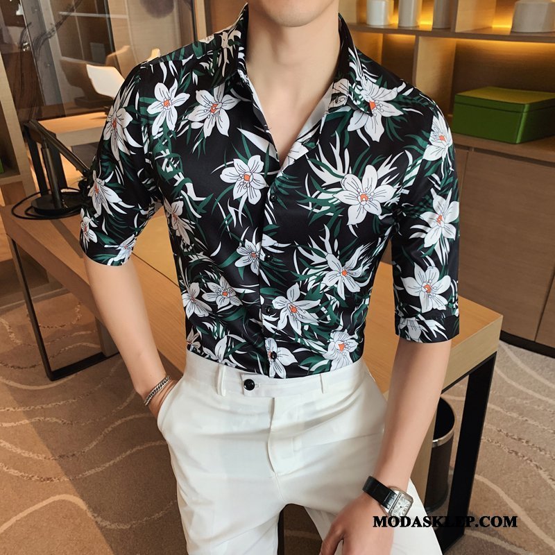 Męskie Koszula Dyskont Casual Rękawy Slim Fit Męska Krótki Rękaw Czarny Czerwony
