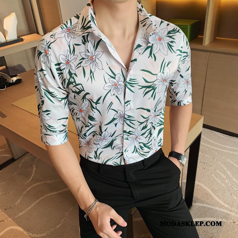 Męskie Koszula Dyskont Casual Rękawy Slim Fit Męska Krótki Rękaw Czarny Czerwony