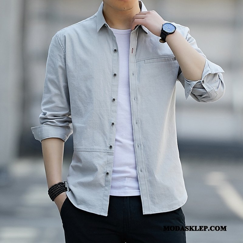 Męskie Koszula Kup Długi Rękaw Nowy Młodzież Casual Slim Fit Niebieski