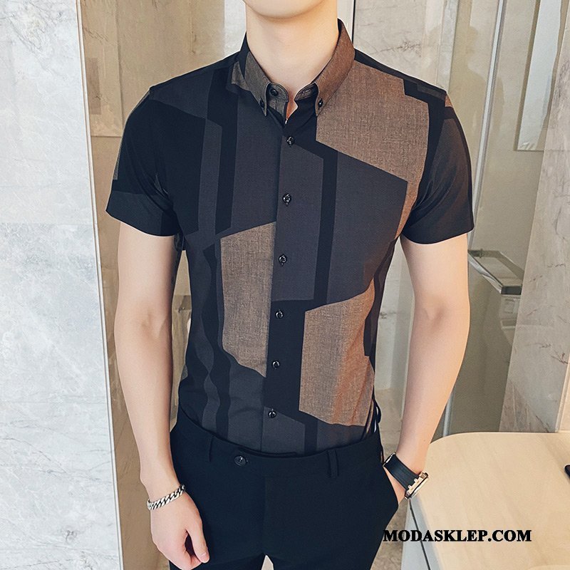 Męskie Koszula Kupię Slim Fit Casual Piękne Lato Krata Szary