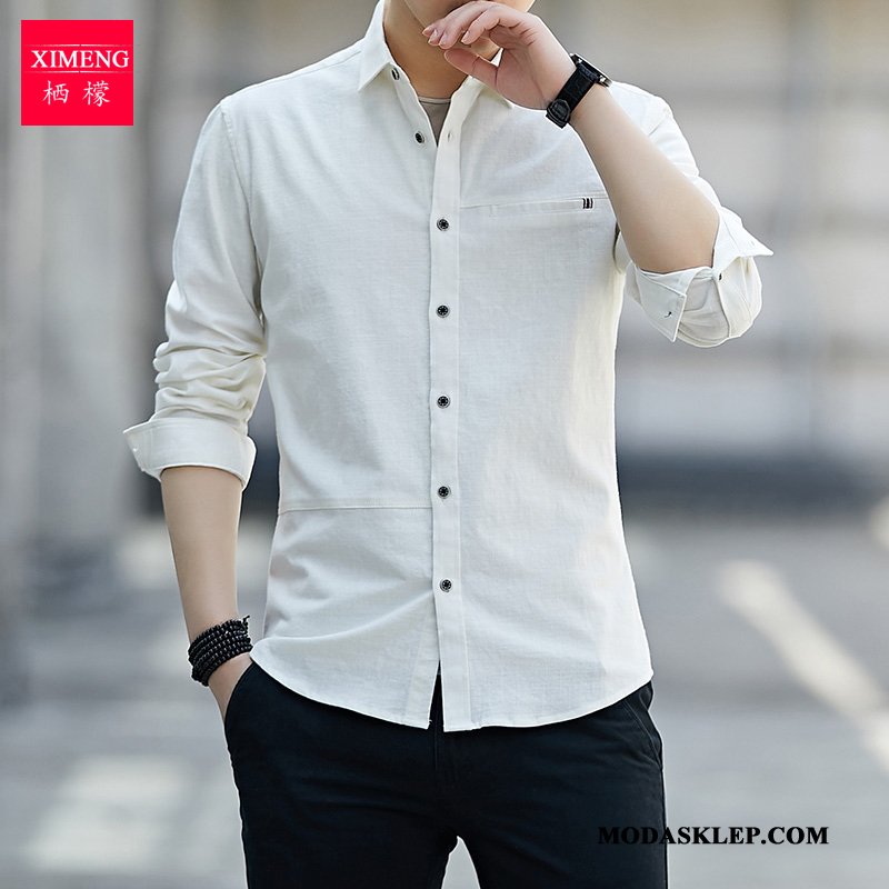 Męskie Koszula Oferta Bawełna Męska Bawełniane Slim Fit Casual Ciemno Niebieski