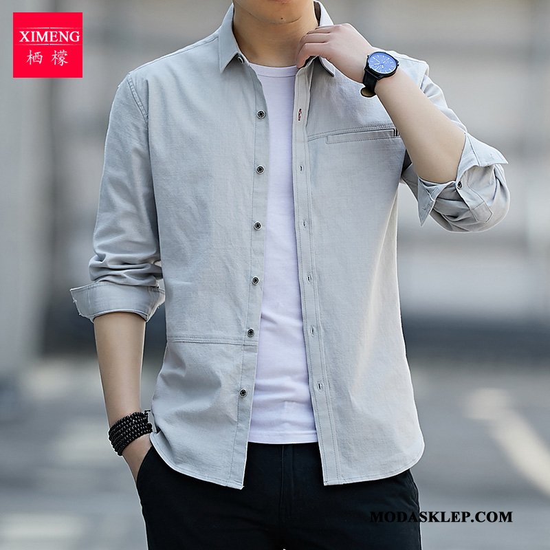 Męskie Koszula Oferta Bawełna Męska Bawełniane Slim Fit Casual Ciemno Niebieski