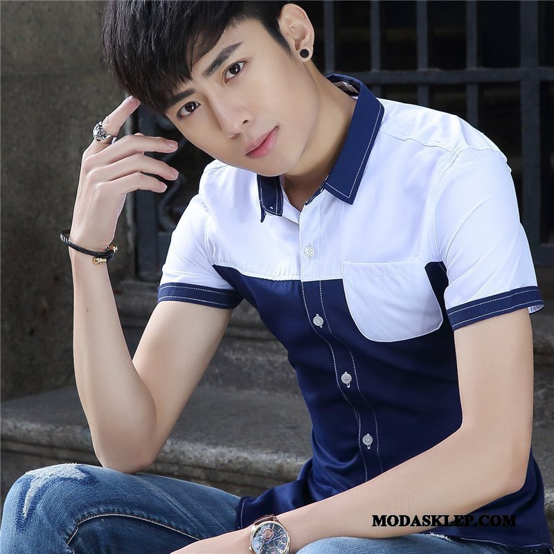 Męskie Koszula Oferta Koszula Z Krótkim Rękawem Młodzież Moda Męska Casual Niebieski