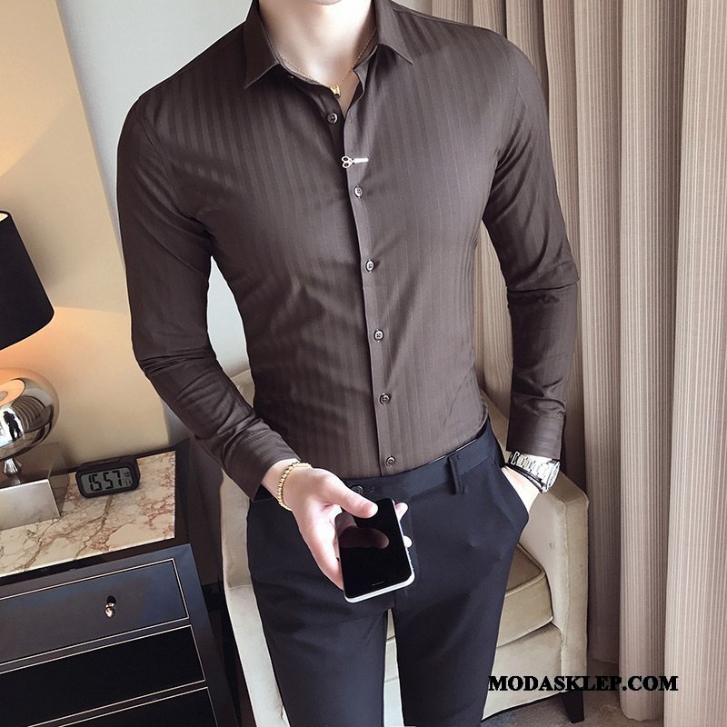 Męskie Koszula Oferta Slim Fit Biznes W Paski Tendencja Długi Rękaw Czysta Fiołkowy