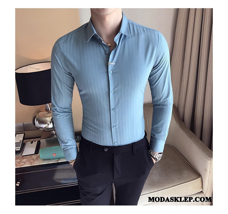 Męskie Koszula Oferta Slim Fit Biznes W Paski Tendencja Długi Rękaw Czysta Fiołkowy