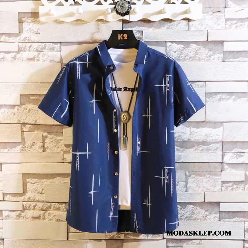 Męskie Koszula Online Casual Tendencja Krótki Rękaw Męska Slim Fit Biały