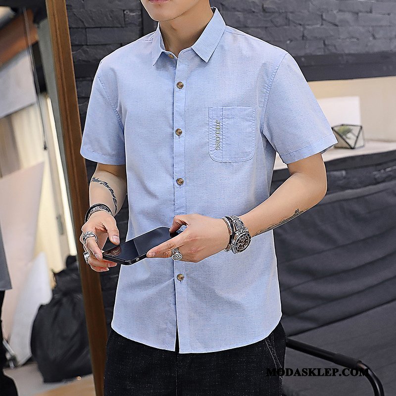 Męskie Koszula Online Krótki Rękaw Kieszenie Casual Slim Fit Męska Zielony