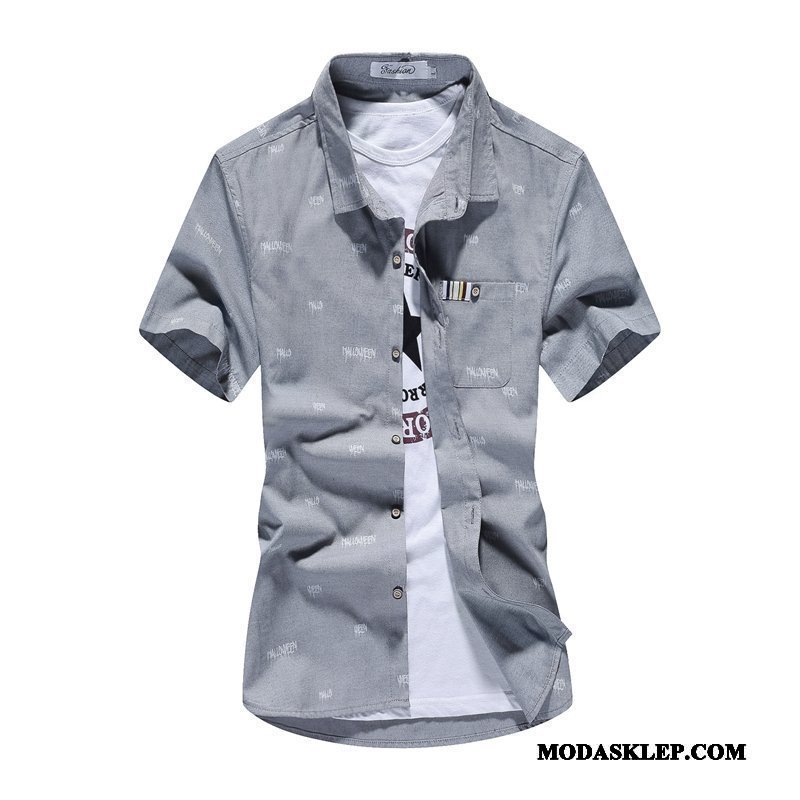 Męskie Koszula Online Slim Fit Casual Krótki Rękaw Lato Nastolatek Niebieski