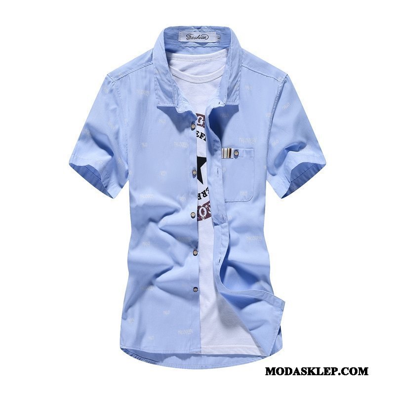 Męskie Koszula Online Slim Fit Casual Krótki Rękaw Lato Nastolatek Niebieski