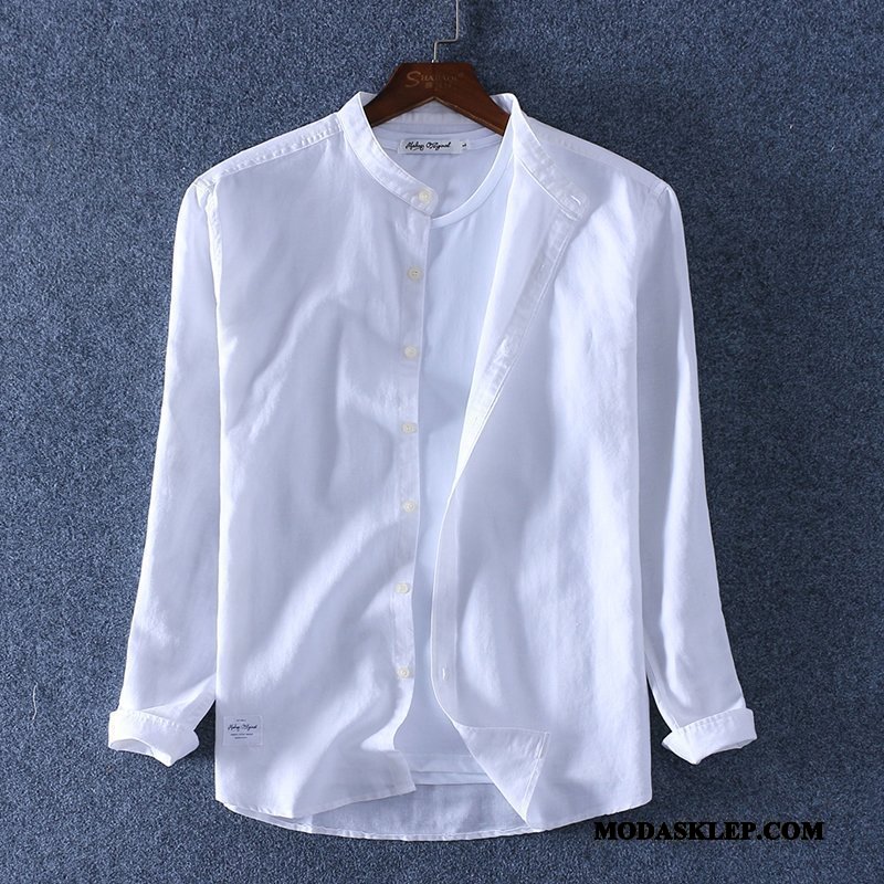Męskie Koszula Online Slim Fit Casual Wysoki Kołnierz Bawełna I Len Długi Rękaw Niebieski Biały
