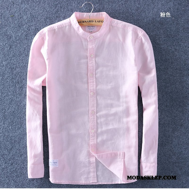 Męskie Koszula Online Slim Fit Casual Wysoki Kołnierz Bawełna I Len Długi Rękaw Niebieski Biały