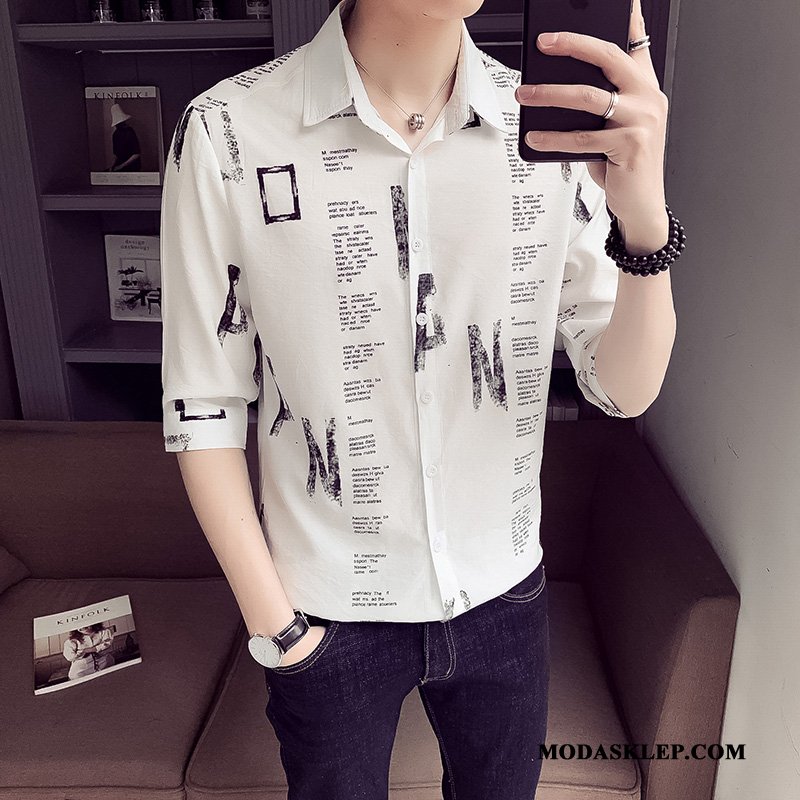Męskie Koszula Online Slim Fit Kwiaty Nowy 2019 Krótki Rękaw Czarny