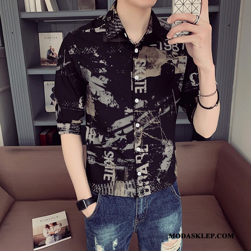 Męskie Koszula Online Slim Fit Kwiaty Nowy 2019 Krótki Rękaw Czarny
